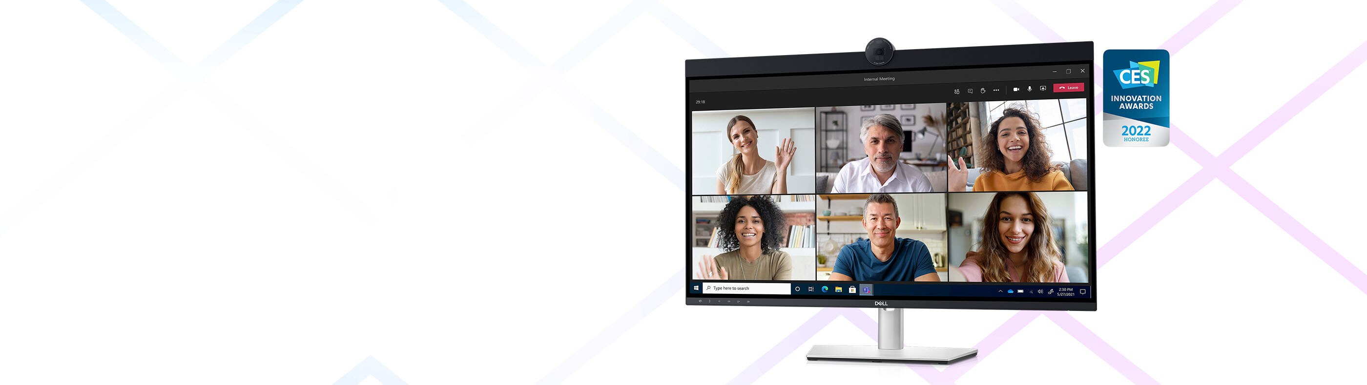 Picture of Dell Video Conferencing Monitor with a meeting on the screen and a CES 2022 Award logo next to the product.