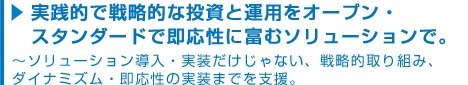 ~実践的で戦略的な投資と運用をオープン・スタンダードで即応性に富むソリューションで~ソリューション導入・実装だけじゃない、戦略的取り組み、ダイナミズム・即応性の実装までを支援