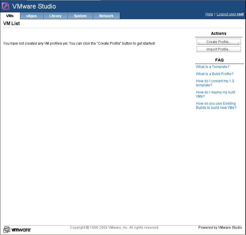 Beginpagina van VMware Studio