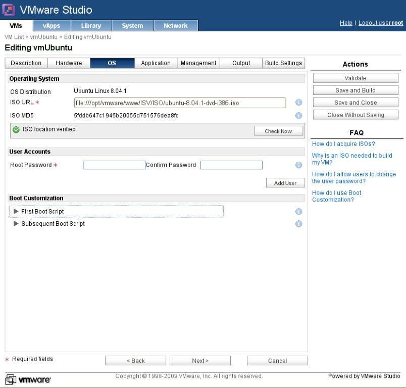 Gebruikersinstellingen van VMware Studio geconfigureerd