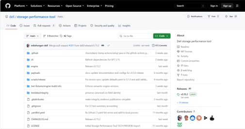 Dell storage performance tool public repository page on GitHub showing the code tab.