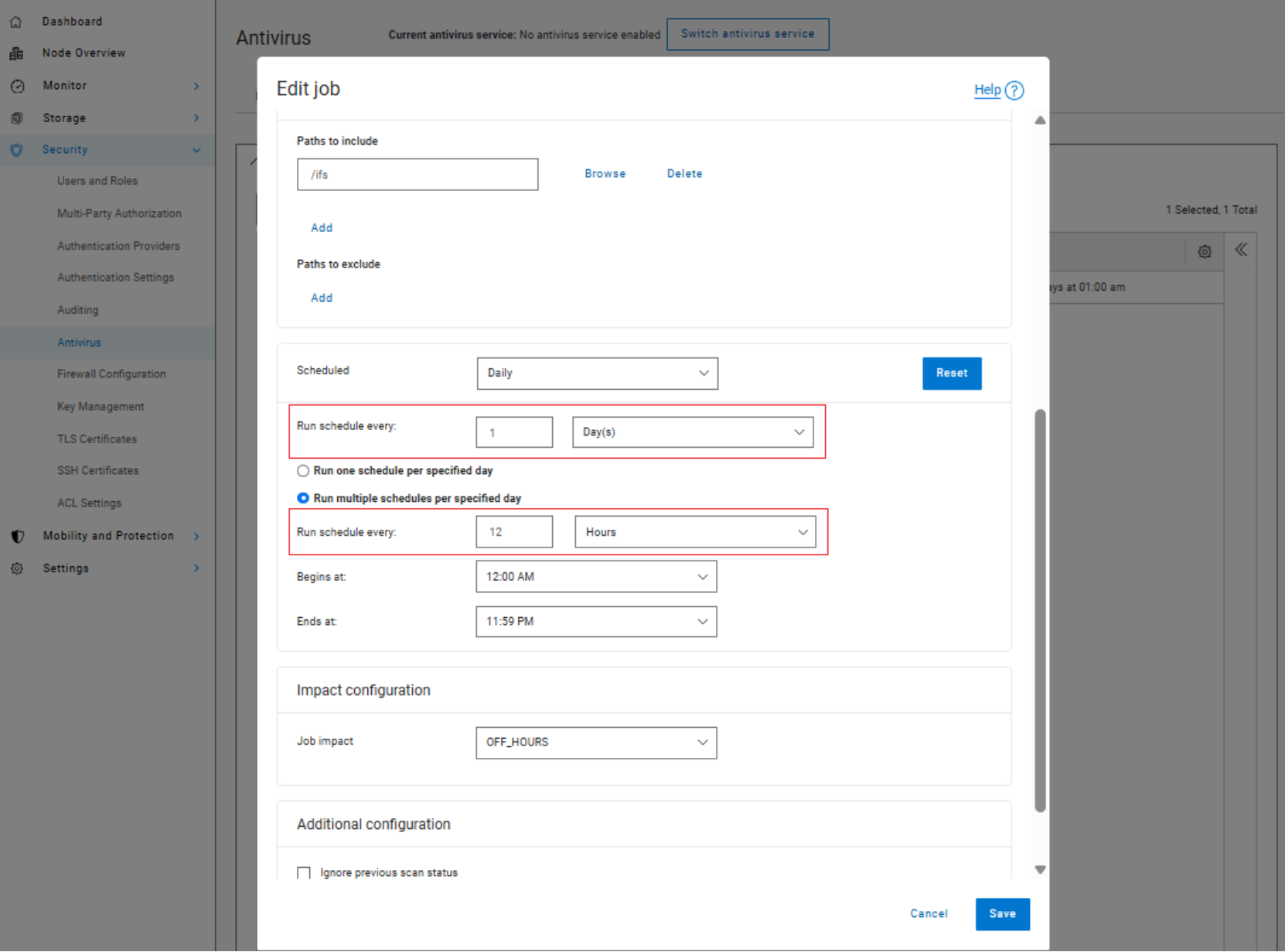 The figure shows the Antivirus WebUI job scheduling interface, with options to run jobs daily or every 12 hours, configure start and end times, specify inclusion and exclusion paths, and adjust job impact settings.