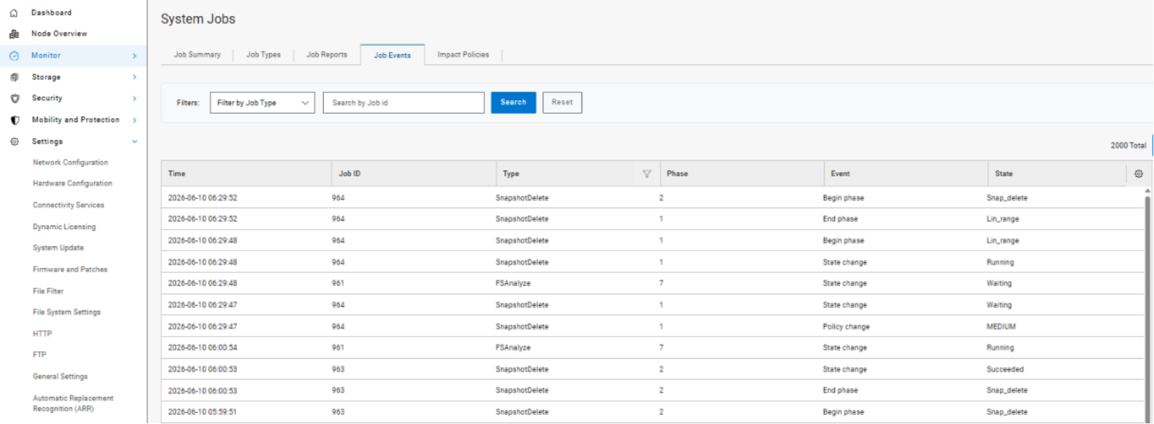 The figure shows OneFS Job Engine events in the WebUI, displaying job activity records with timestamps, job IDs, phases, and status changes, illustrating the progress and lifecycle of SnapDrive jobs.