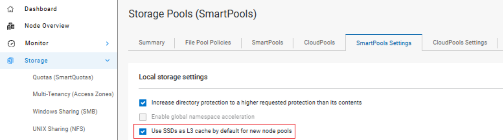 L3 cache WebUI configuration showing Storage Pools (SmartPools) local storage settings, with options enabled to increase directory protection and use SSDs as L3 cache by default for new node pools.