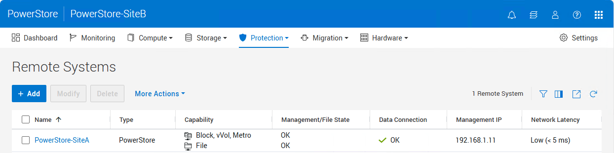 Shown is the Protection > Remote Systems page with one remote system configured.