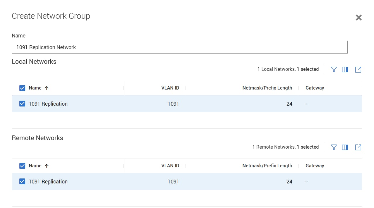 Create Network Group wizard. Local and Remote "1091 Replication" networks are selected to create a new Network Group.