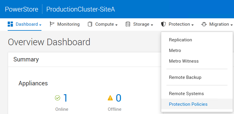 PowerStore Manager Protection pull-down to get into Protection Policies overview.