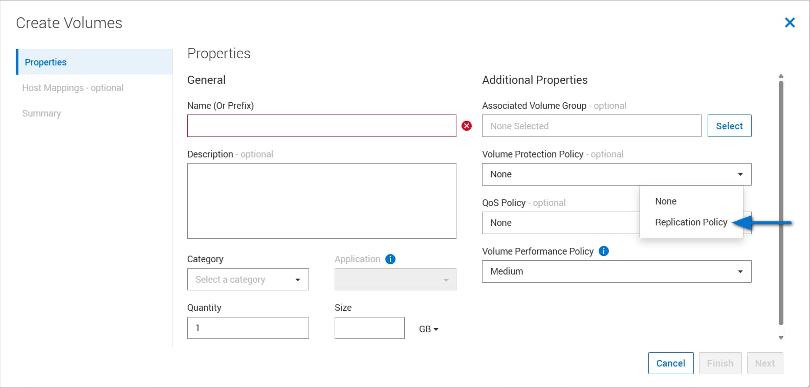 When creating a new volume or multiple volumes, a user can select an existing protection policy from the Volume Protection Policy drop-down menu.