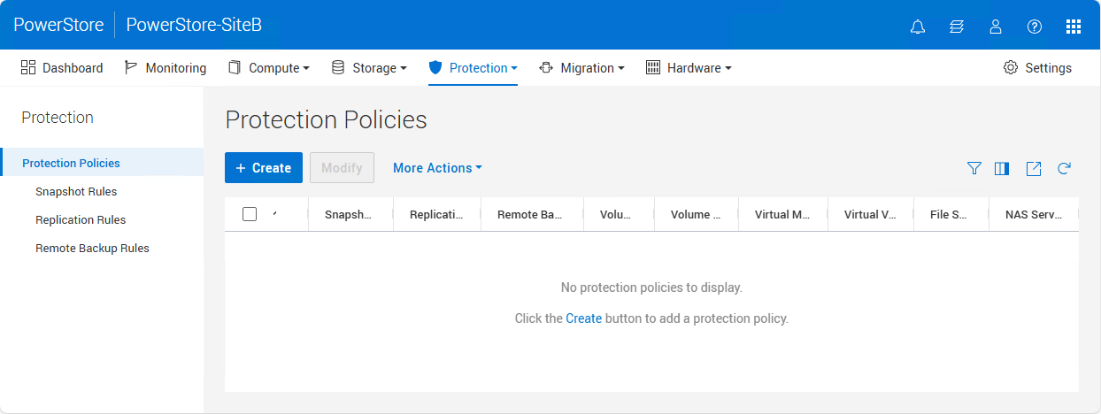 Empty list of Protection Policies in PowerStore Manager.
