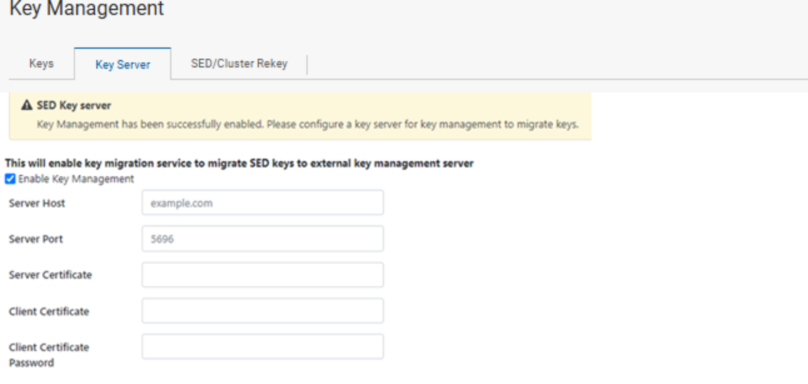 Screenshot of a key management interface focused on configuring a key server for migrating SED keys to an external key management server. It includes input fields for server host, port, server certificate, client certificate, and client certificate password, with a checkbox to enable key management and a notification indicating successful enabling of the SED key server.