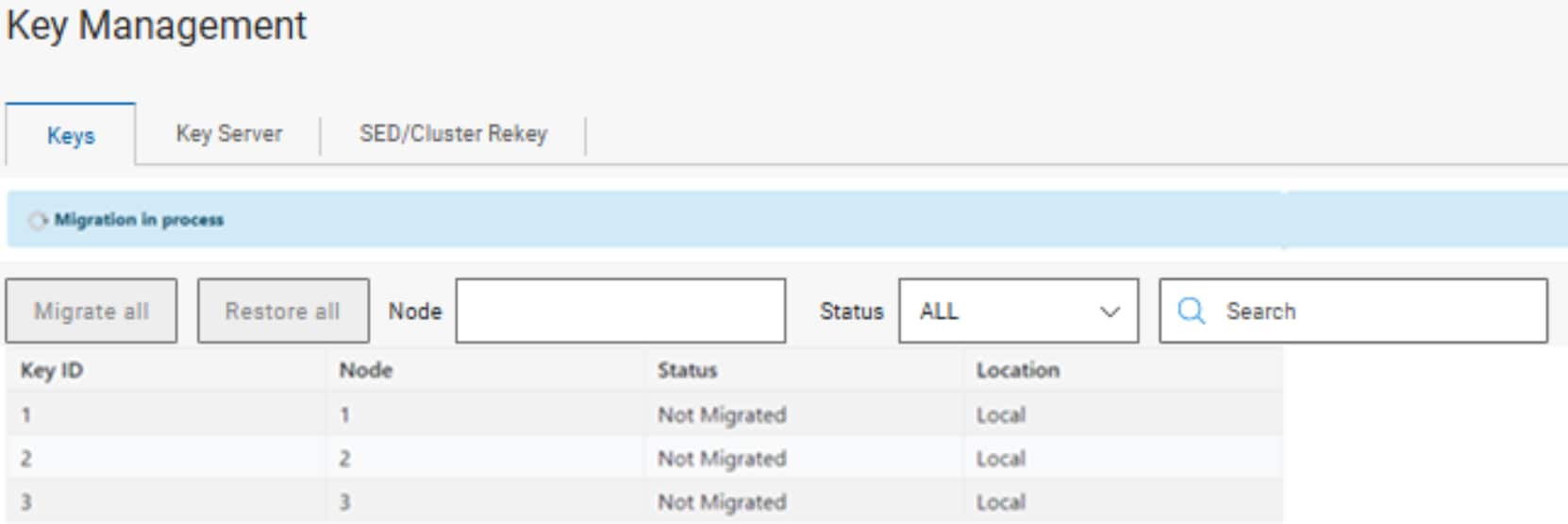 Screenshot of a key management interface showing a table with columns for Key ID, Node, Status, and Location. The table lists three keys, all with status "Not Migrated" and location "Local," with options to migrate or restore keys and filters for node and status.