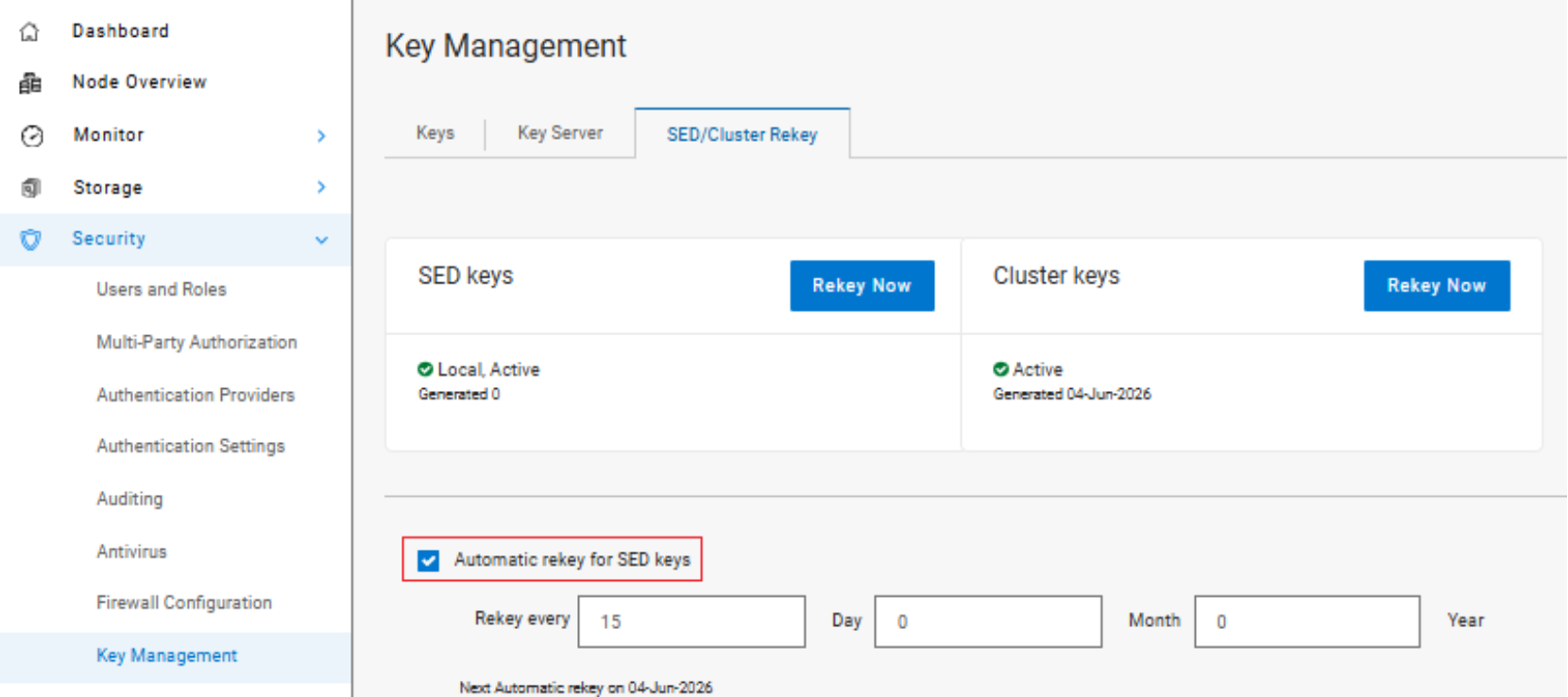 Screenshot of a software security settings panel focused on key management for SED and cluster keys. It shows active status indicators for keys, options to rekey immediately, and a checkbox with input fields for automatic rekeying intervals set to 15 days, highlighting key lifecycle management features.