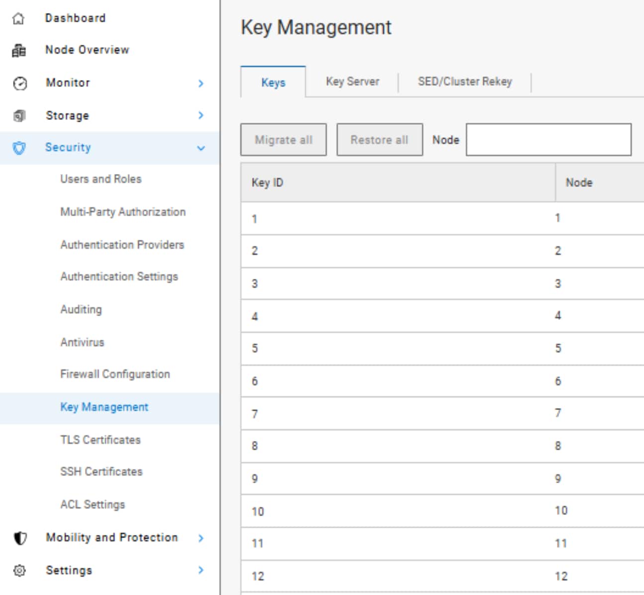 Screenshot of a software security dashboard displaying a Key Management section with tabs for Keys, Key Server, and SED/Cluster Rekey. The table lists Key IDs and corresponding Node numbers from 1 to 12, with buttons for "Migrate all" and "Restore all" above the table and a Node input field for filtering.