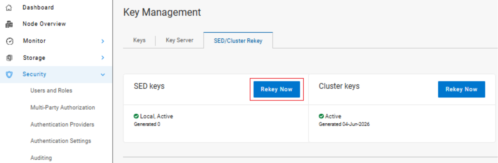 Screenshot of a software security dashboard showing key management settings with tabs for Keys, Key Server, and SED/Cluster Rekey. The SED/Cluster Rekey tab displays two sections for SED keys and Cluster keys, each with status indicators, generation dates, and blue "Rekey Now" buttons for initiating key renewal.
