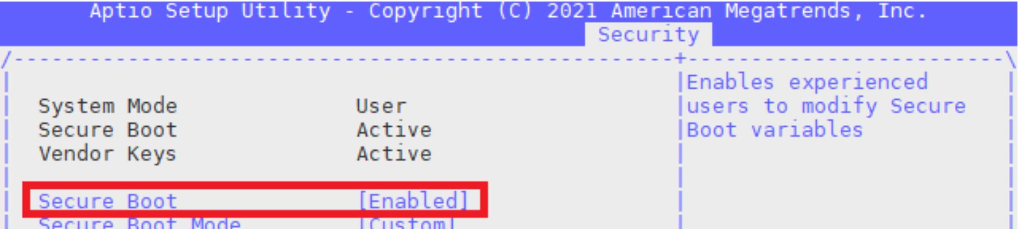Screenshot of Aptio Setup Utility Security tab showing Secure Boot settings. Secure Boot is highlighted and marked as Enabled, indicating system is configured to prevent unauthorized boot loaders.