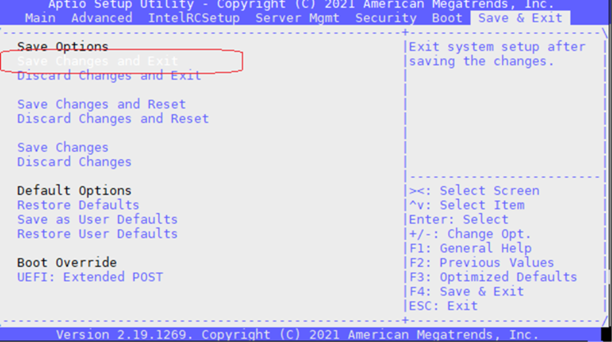 Screenshot of Aptio Setup Utility BIOS menu displaying Save & Exit tab with options for saving or discarding changes, resetting defaults, and boot override settings. Key commands and navigation instructions are listed on right side, with "Save Changes and Exit" option highlighted in red box.