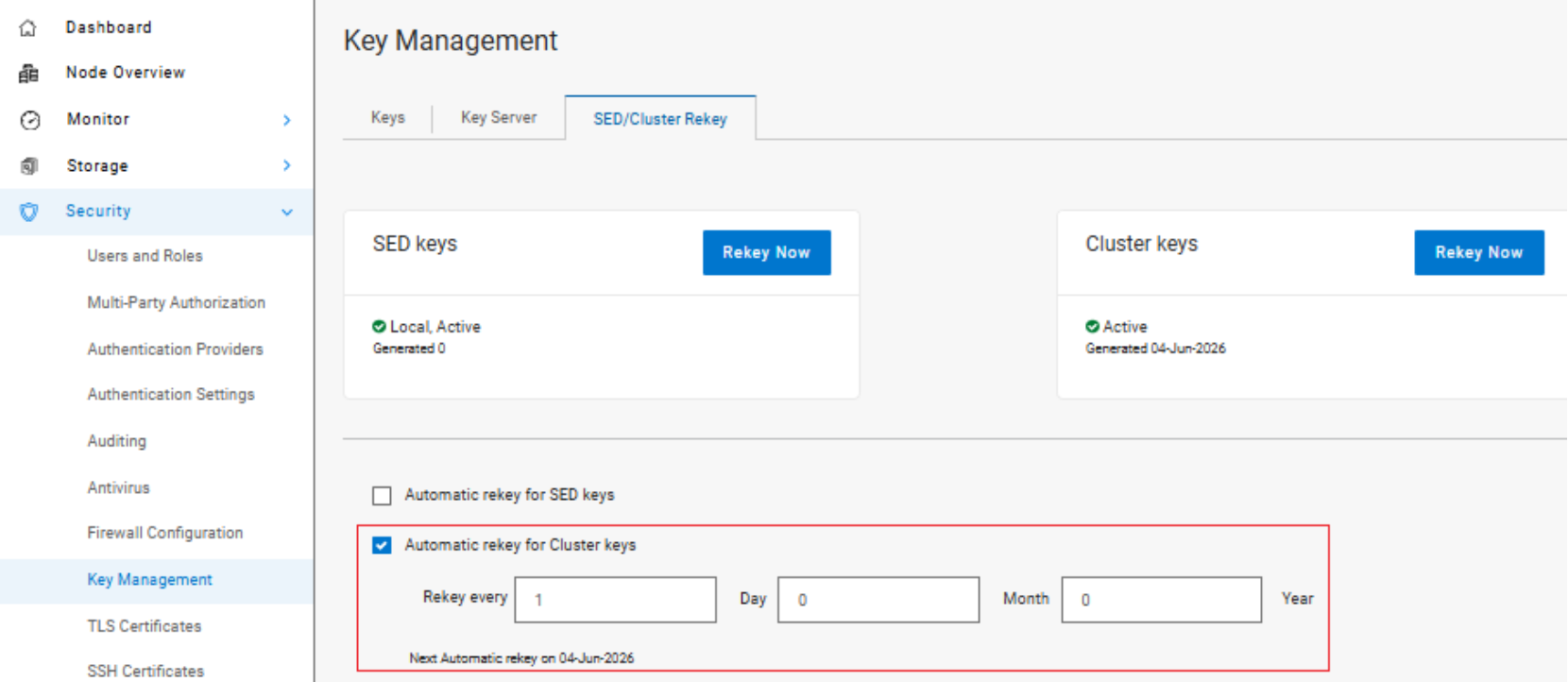 Screenshot of a security settings interface focused on key management for SED and cluster keys. It shows options to rekey SED and cluster keys, with a highlighted section enabling automatic rekeying for cluster keys every specified number of days, months, and years, and displays current key statuses as active.