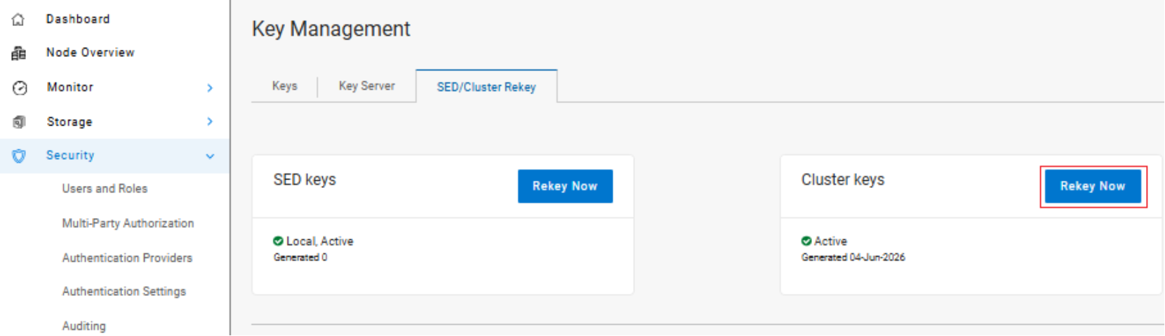 Screenshot of a software security dashboard showing key management for SED/Cluster keys. It features two sections labeled SED keys and Cluster keys, each with status indicators ("Local Active" and "Active") and blue "Rekey Now" buttons for key regeneration.
