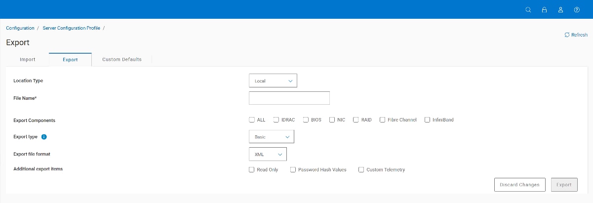 Screenshot of a software interface showing a server configuration export settings panel. It includes options for location type, file name, export components, export type, and export file format, with buttons for inserting changes and exporting data. AI-generated content may be incorrect.
