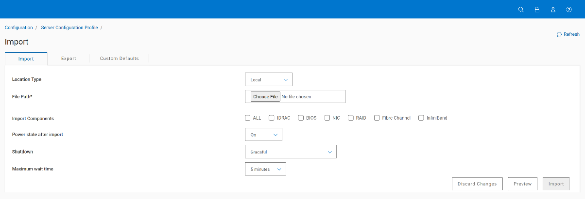 Screenshot of a server configuration interface showing an import settings panel with options for selecting file path, import components, power state import, and methods. The panel includes dropdown menus, checkboxes for component selection, and buttons for discard changes, preview, and import, with a navigation sidebar on the left and a blue header bar at the top. AI-generated content may be incorrect.
