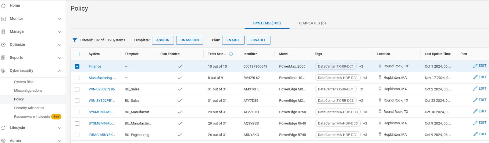 A screenshot showing the Cybersecurity Policy page in AIOps Observability. 
