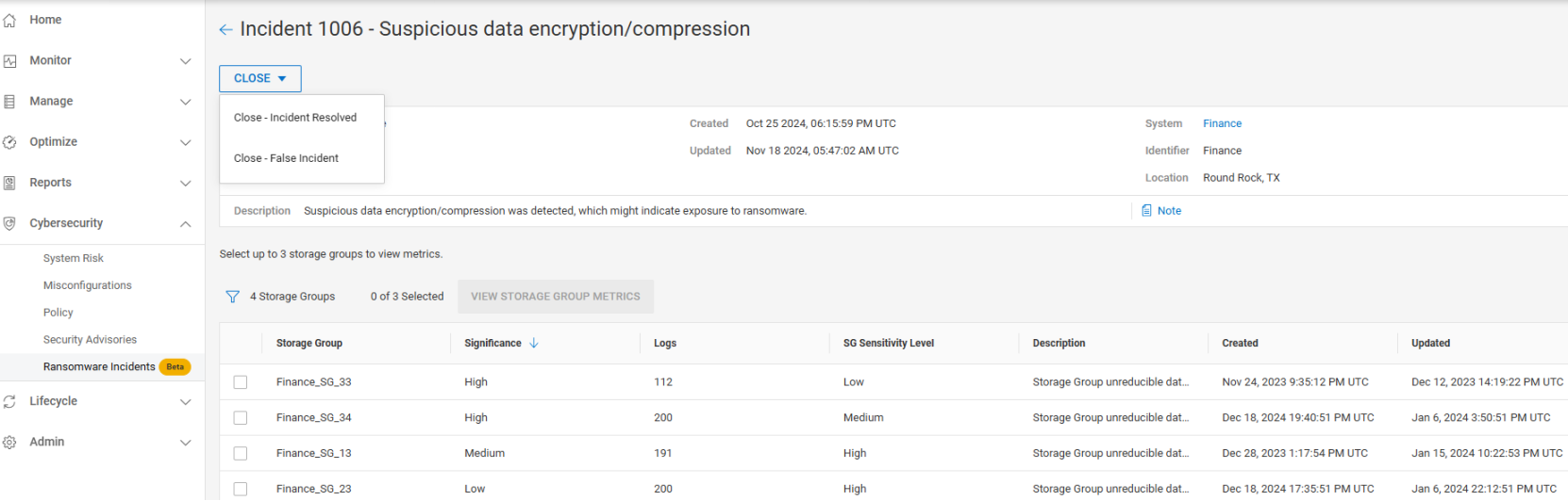 A screenshot showing the closing of a ransomware incident. 