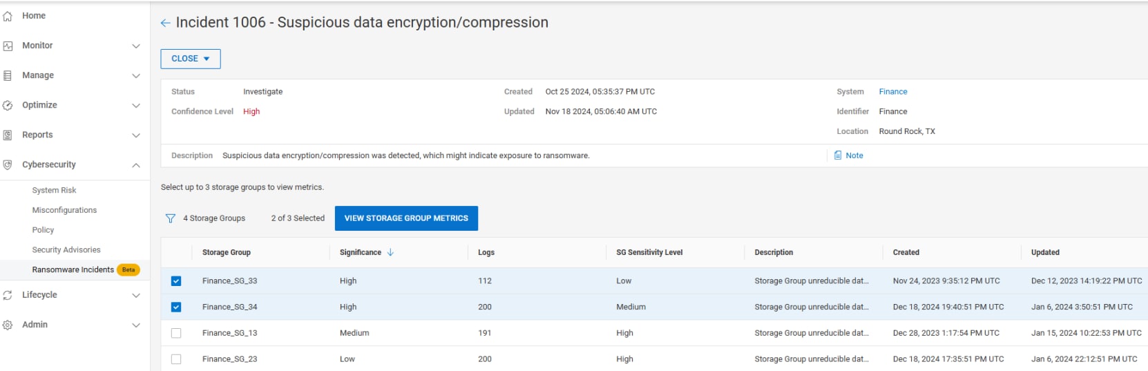 A screenshot showing a ransomware incident under investigation. 