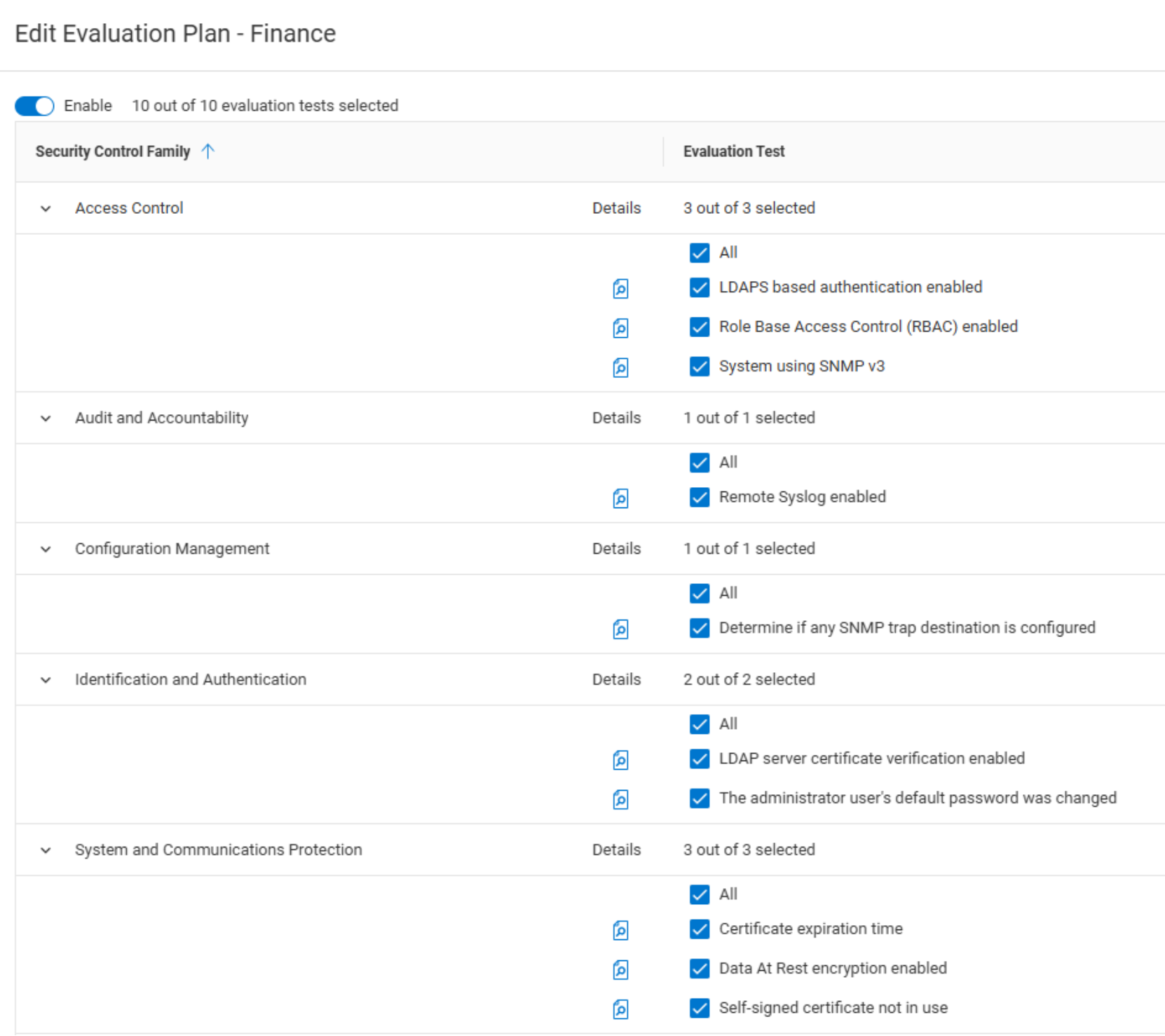 A screenshot showing the various Evaluation Tests that can be selected when creating a cybersecurity policy.