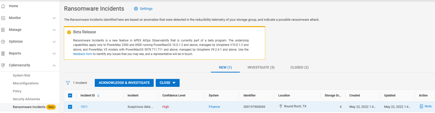 A screenshot showing the Ransomware Incidents page in AIOps Observability. 