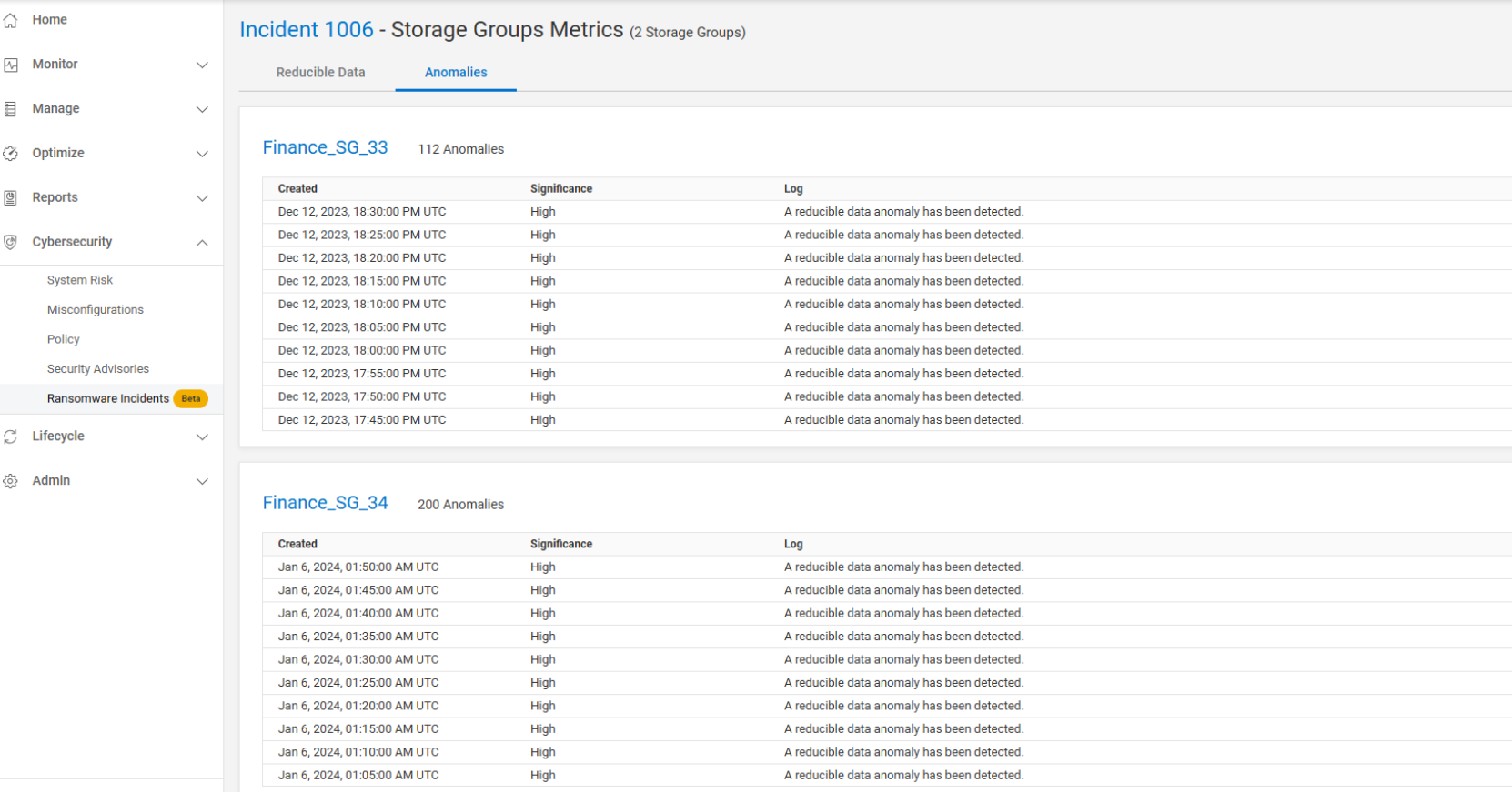 A screenshot showing the dates and times of reducible data anomalies within an incident. 
