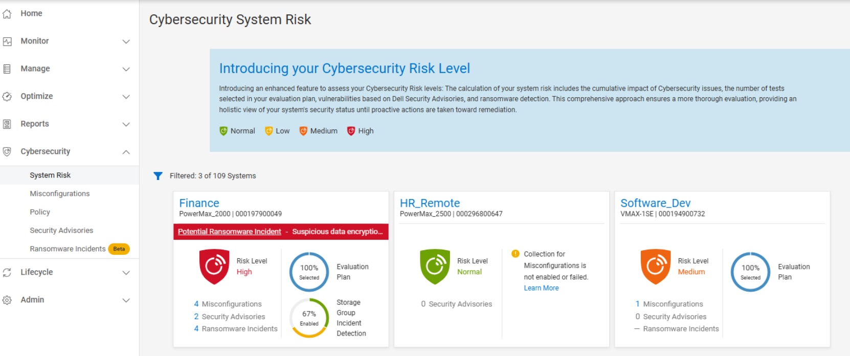 A screenshot showing the Cybersecurity System Risk page in AIOps Observability.