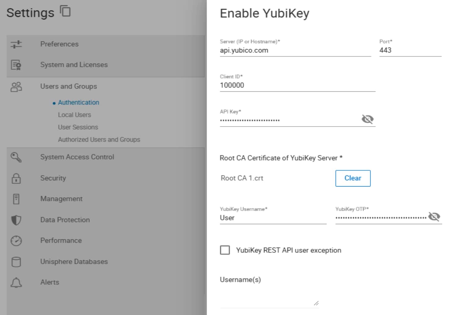 A screenshot showing the enabling of YubiKey within Unisphere. 