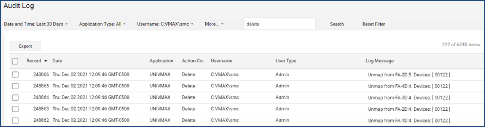 A screenshot of tamper proof audit log in Unisphere. 