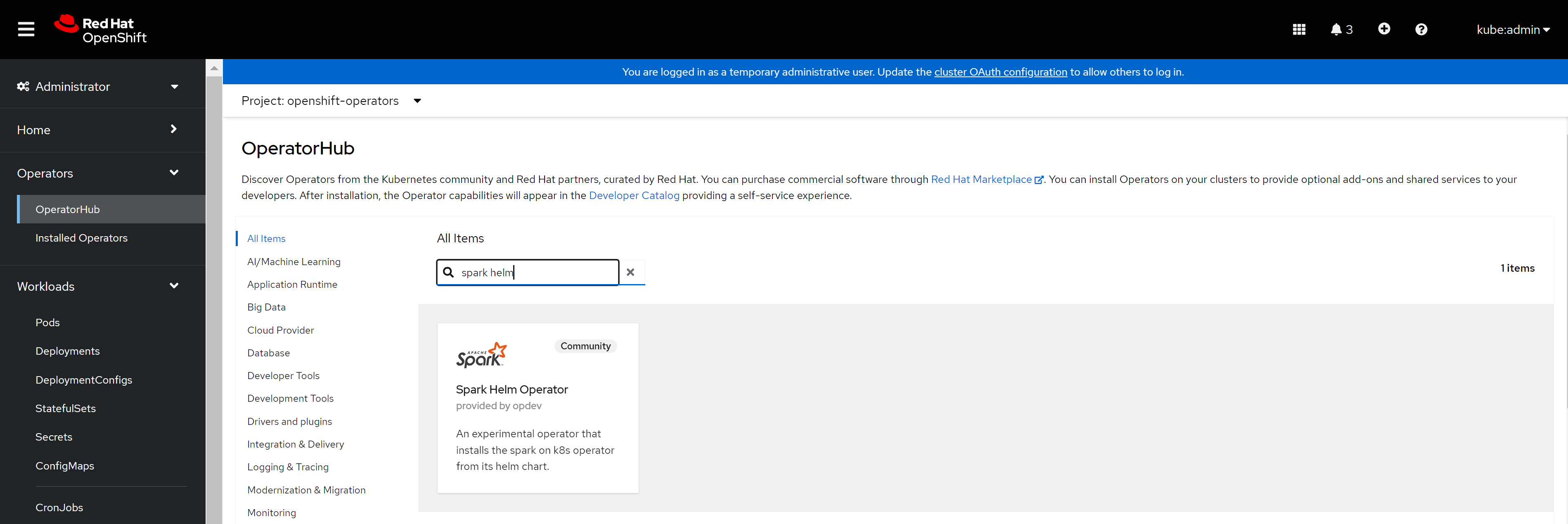 A screenshot of the Spark operator from Red Hat Marketplace