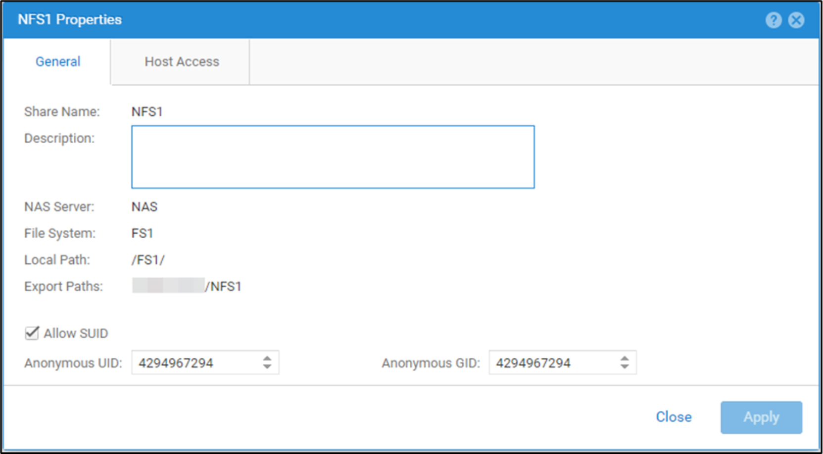 Show the allow SUID and anonymous UID/GID setting sbeing set on a NFS file system