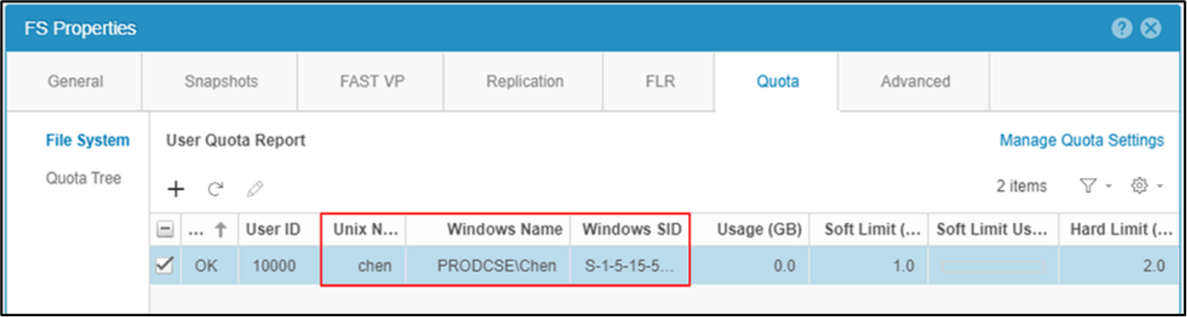 Shows a User Quota being set on a specific File system