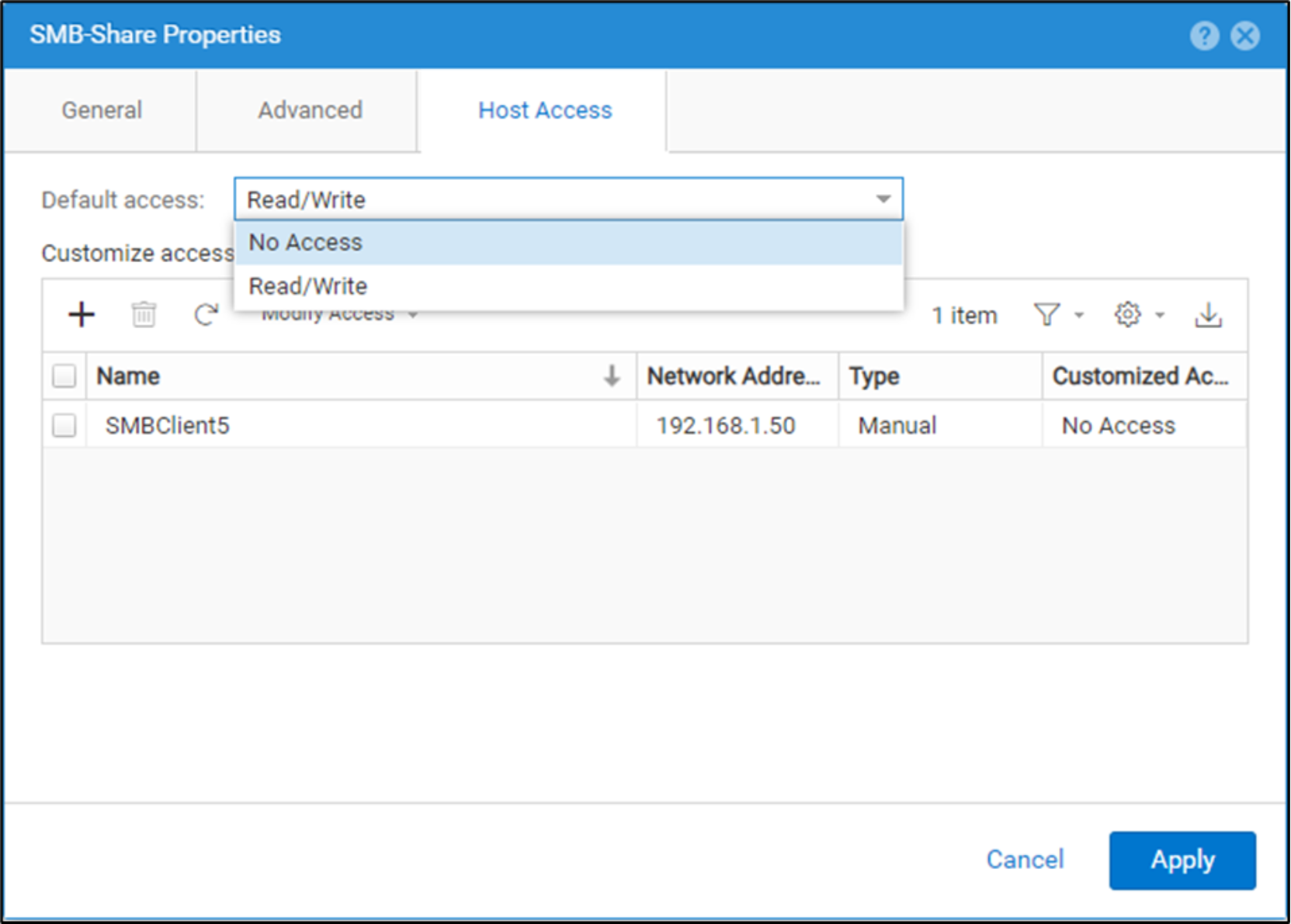 Shows setting a SMB share from read/write default access to No access