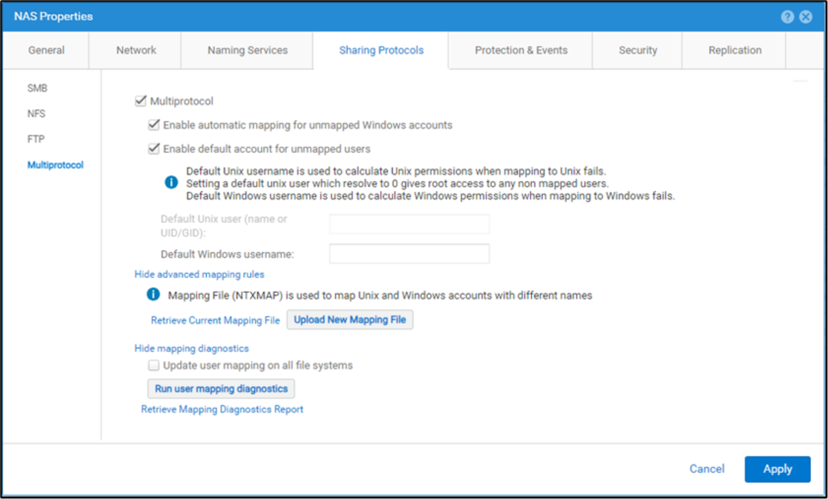 Shows the configuraiton of a Multiprotocol nas server