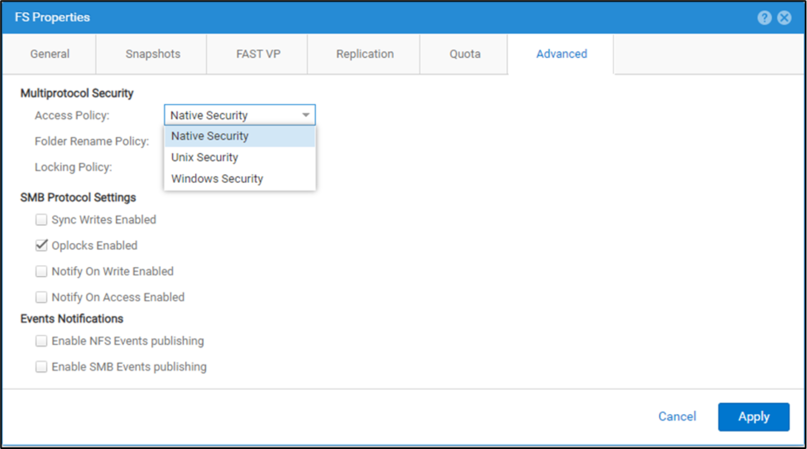 Shows configuring the multiprotocol nas server Access policy