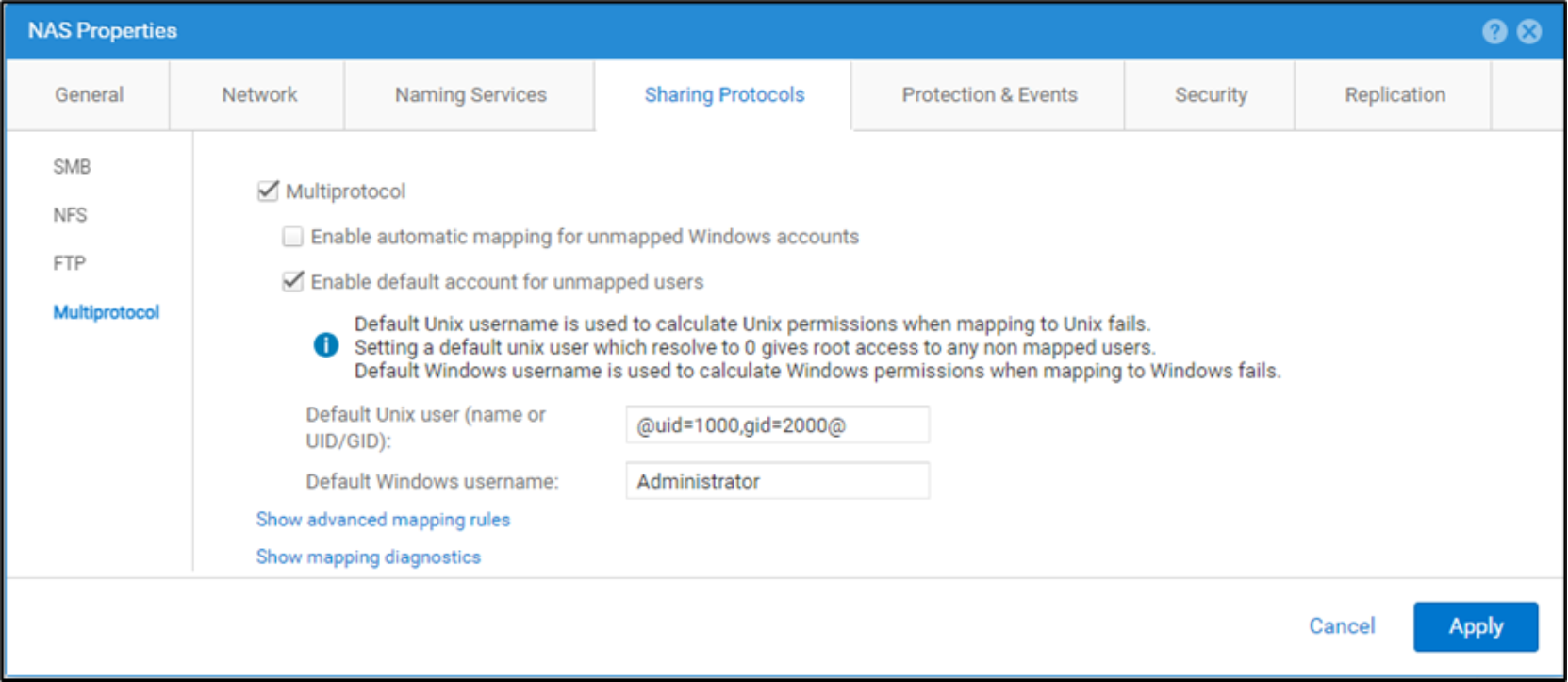 Shows setting the default user mapping for a multiprotocol nas server