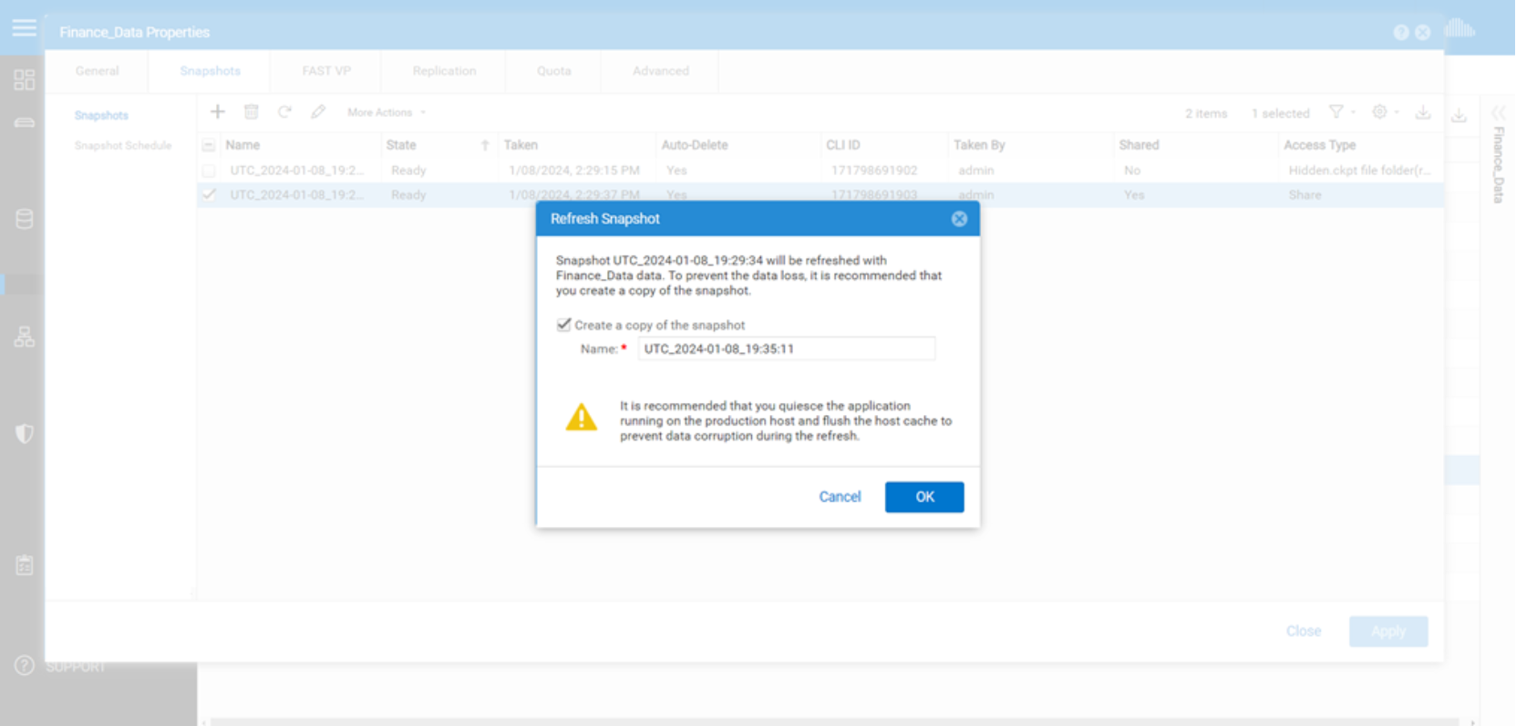 Shows issuing a Snapshot refresh to a resource.
