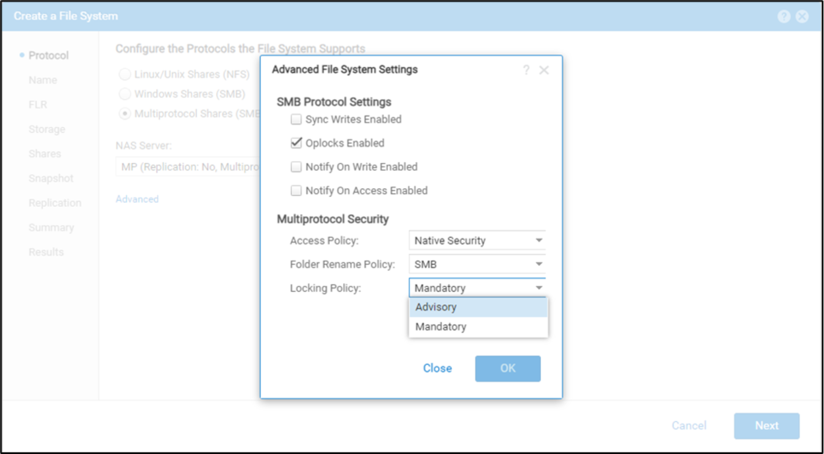 Shows configuring a Locking Policy on a particular file system