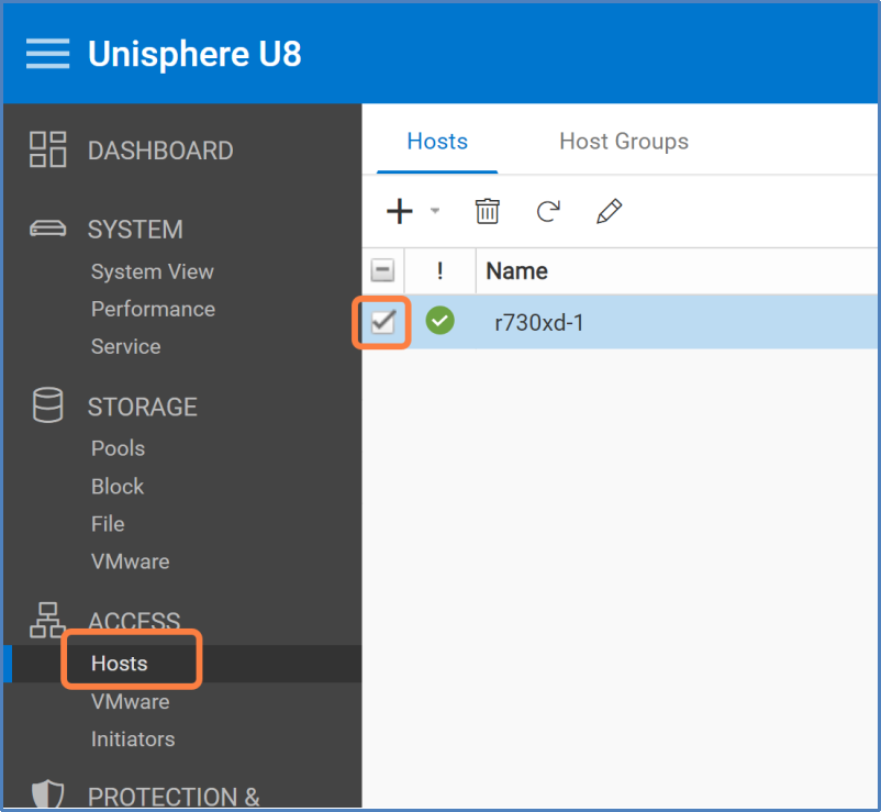 This diagram show selecting menu option Hosts which appears under section ACCESS, and then selecting the checkbox for the wanted host name.