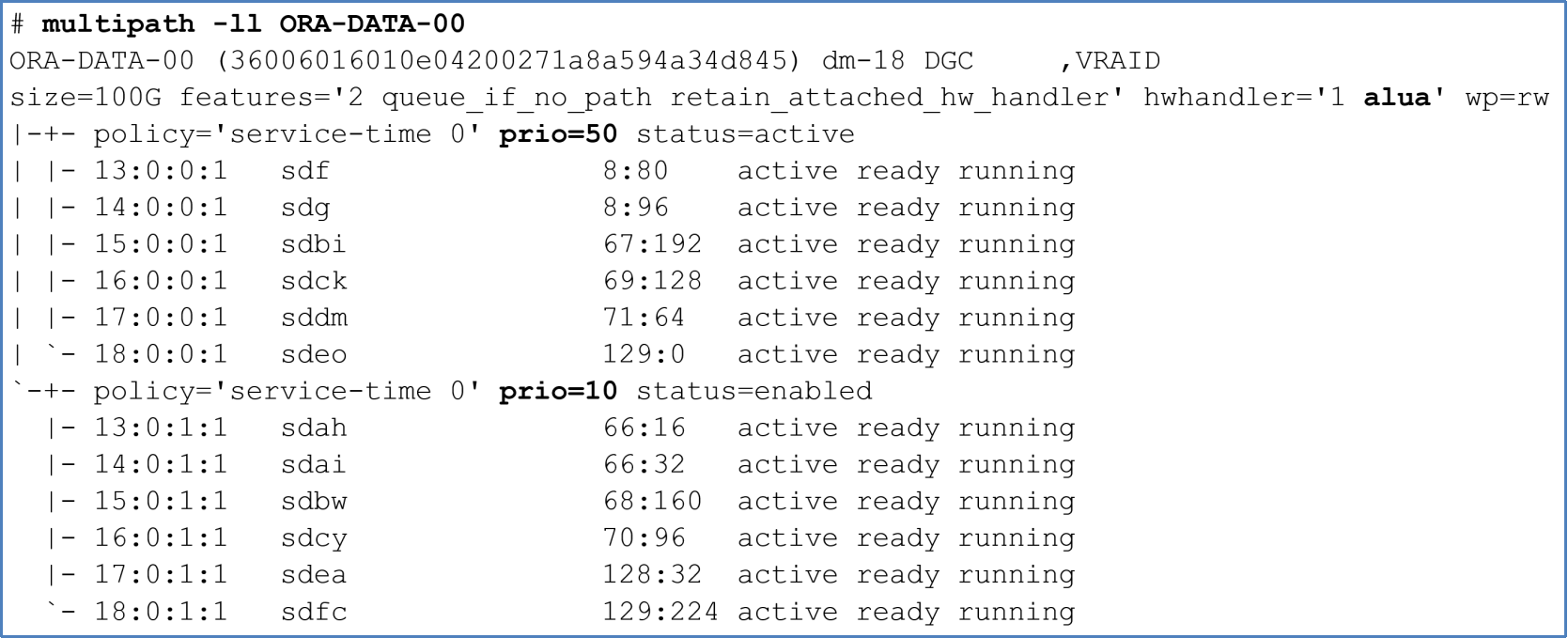 This diagram shows how multipath displays ALUA support on Dell Unity LUNs. Optimized paths in multipath have a higher priority value than non-optimized paths.