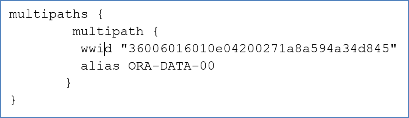 This diagram show setting attribute "alias" to "ORA-DATA-00" for a multipath device with a specific "wwid" value.