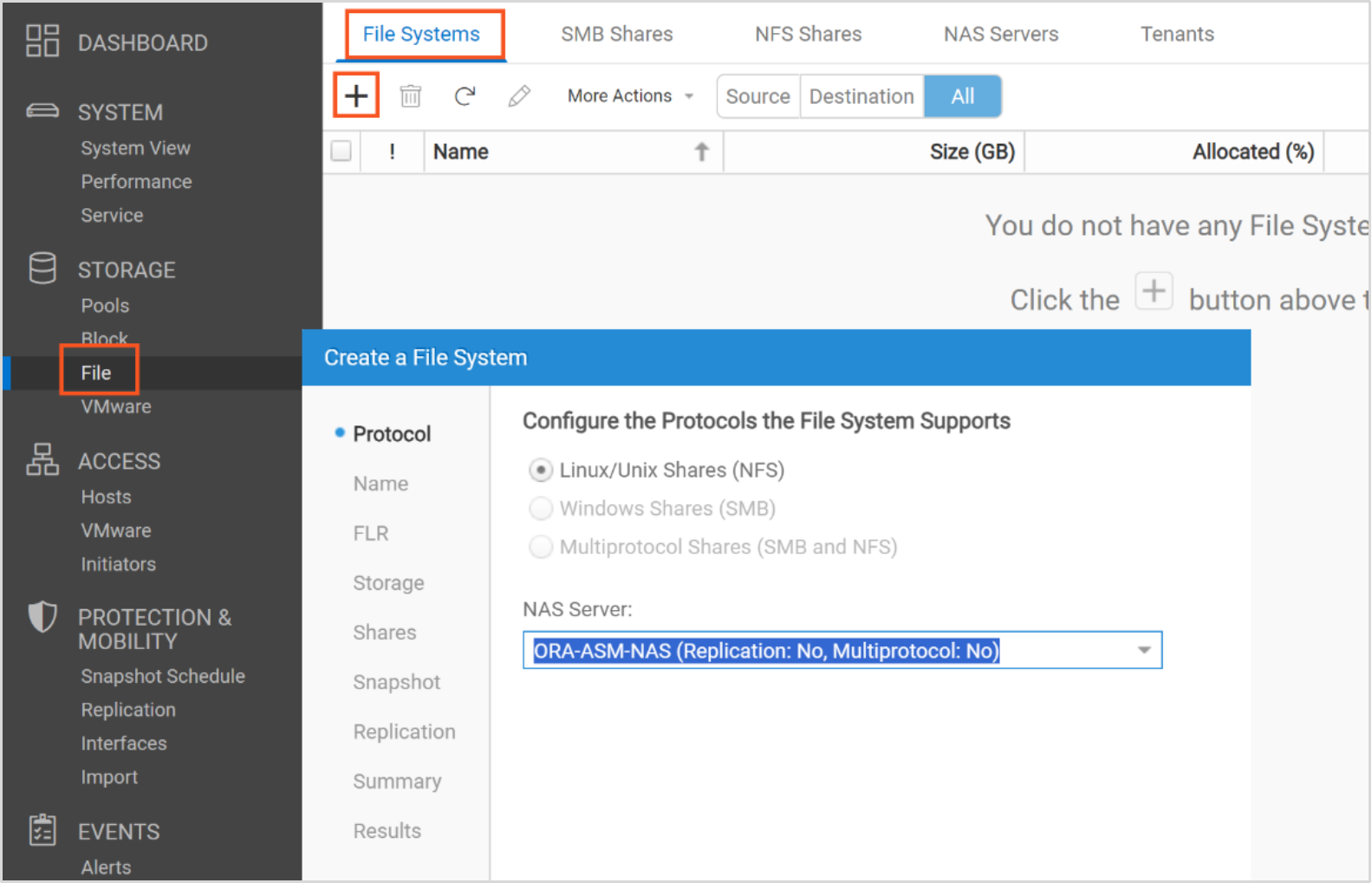 This window show the Unisphere navigation to start the "Create a File System" wizard.
