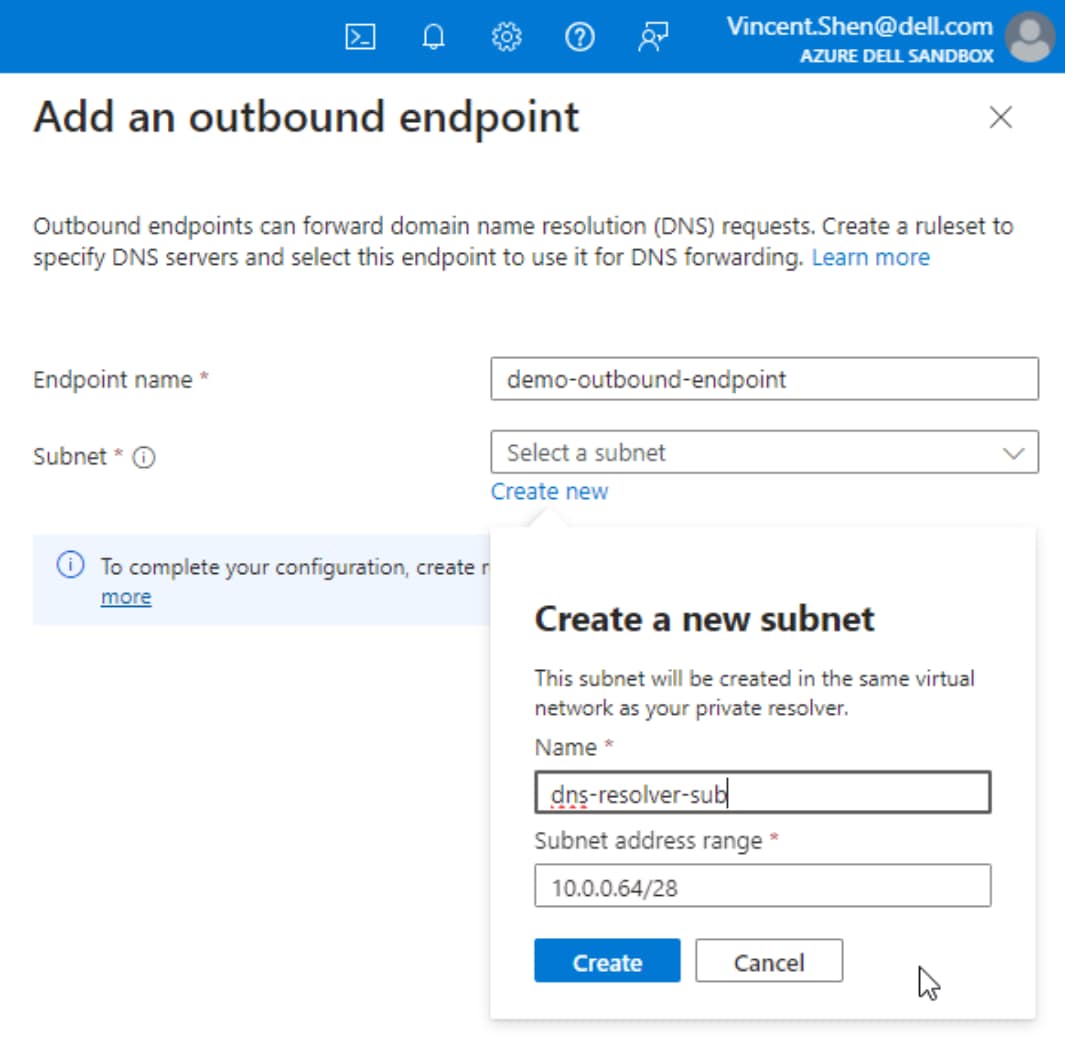 A screenshot of creating a new subnet for Azure DNS resolver. The name is dns-resolver-sub. Thesubnet address range is 10.0.0.64/28.