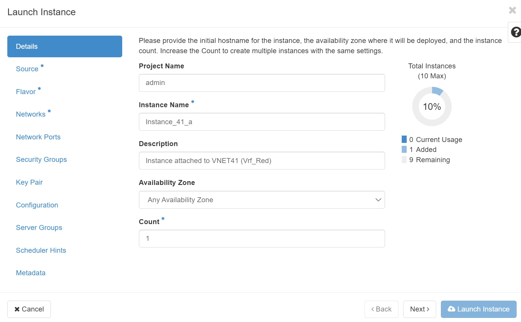 Instance Details tab