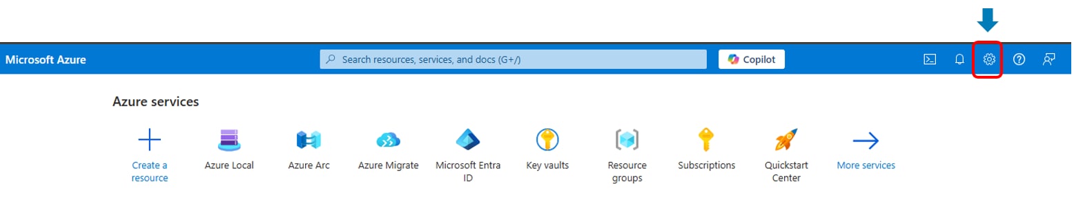 Shows the menu icons on the blue bar at the top of the screen with the Settings icon highlighted in a red box.