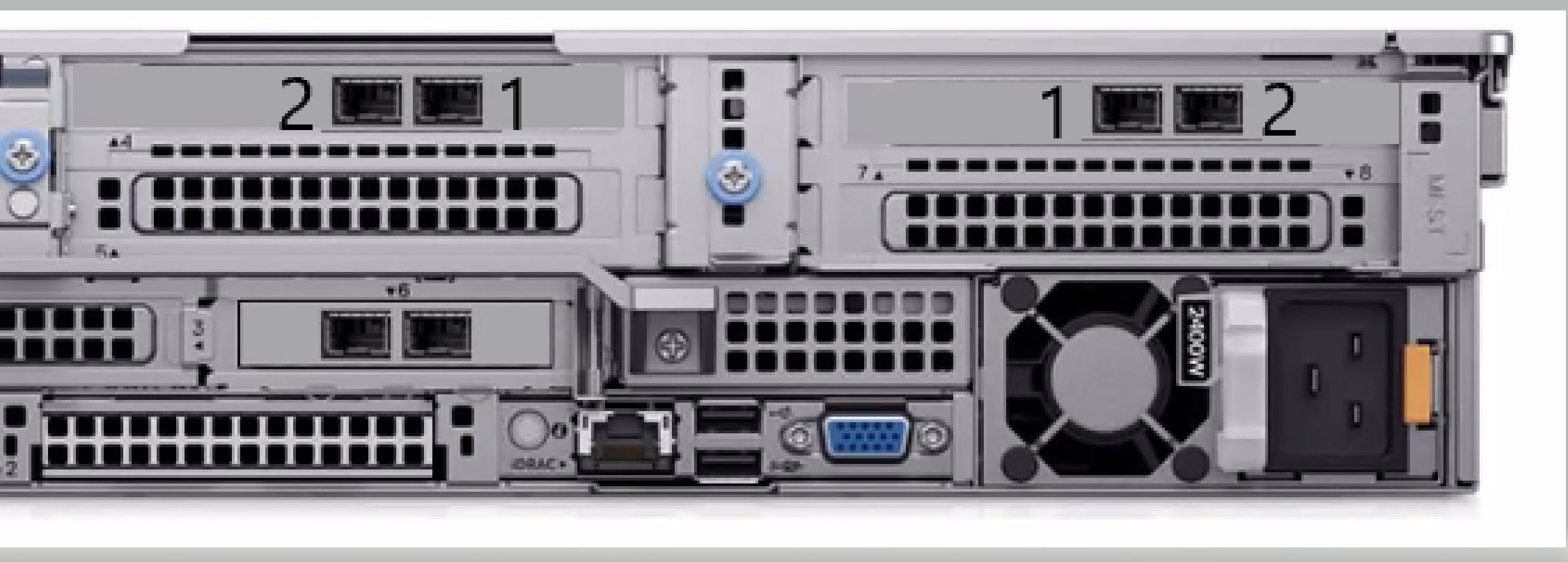 Port orientation of PCIe slots on network adapter. Each port is numbered either 1 or 2.